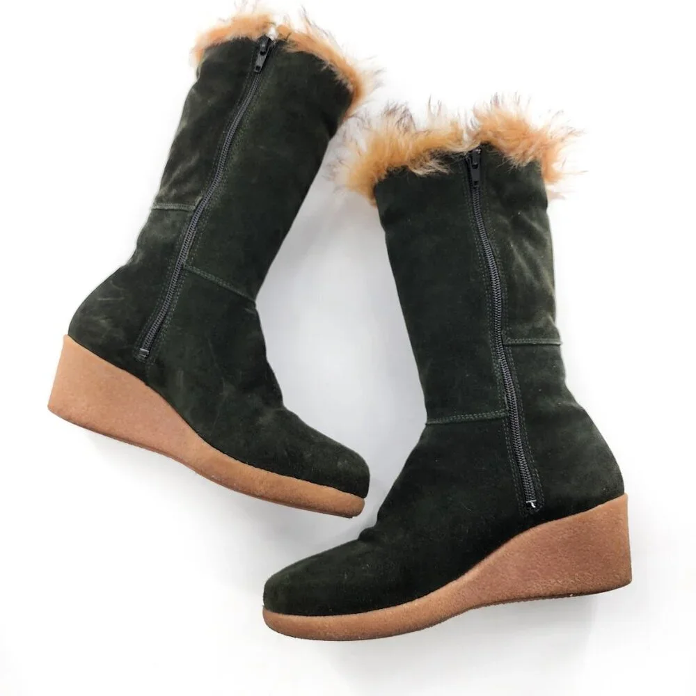 MAXIME‎ Vintage Dark Green Suede Wedge Winter Mid-Calf Boots Fur Trim
